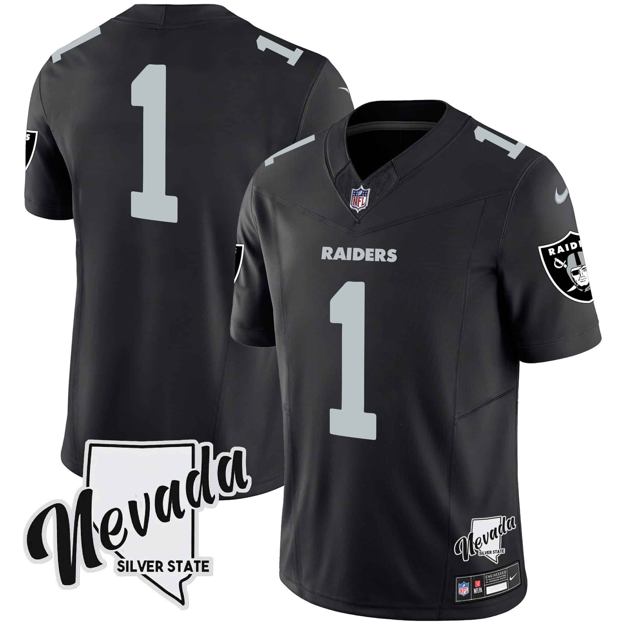 Men Oakland Raiders #1 No Name Black 2024 Nike Nevada Silver State Patch Vapor NFL Jersey style 1